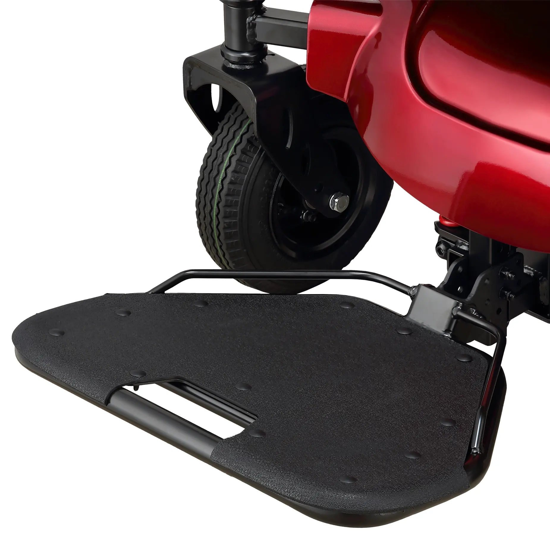 The Merits heavy-duty power wheelchair Atlantis footplate detail view.