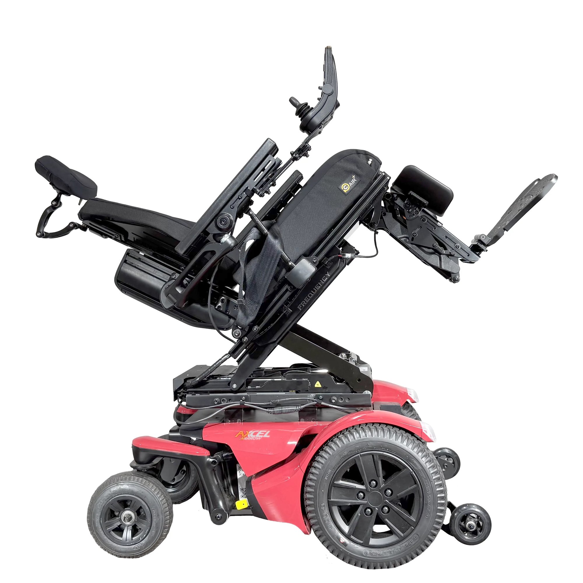The Merits power wheelchair AXCEL Narrow right profile tilt view.