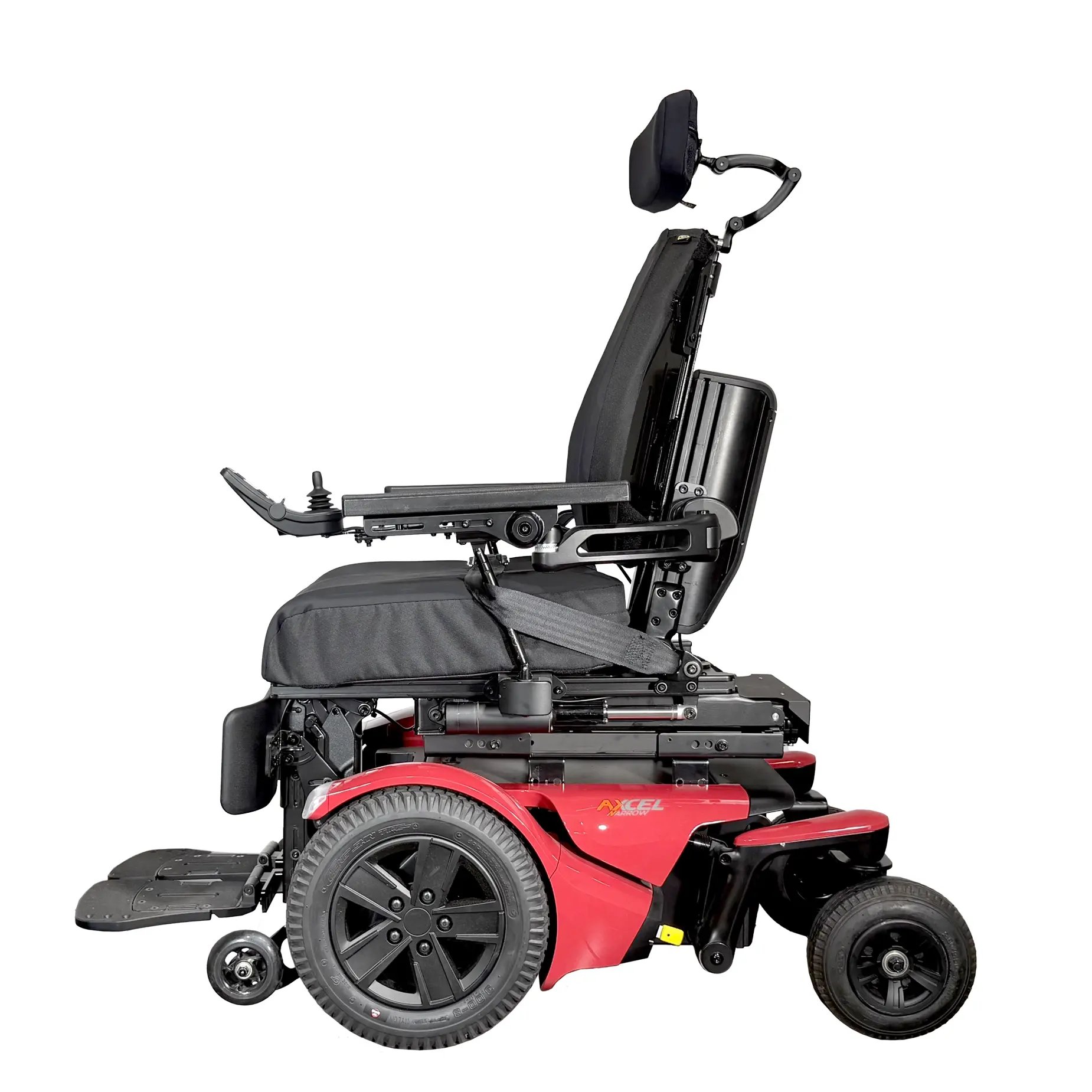 The Merits power wheelchair AXCEL Narrow left profile view.