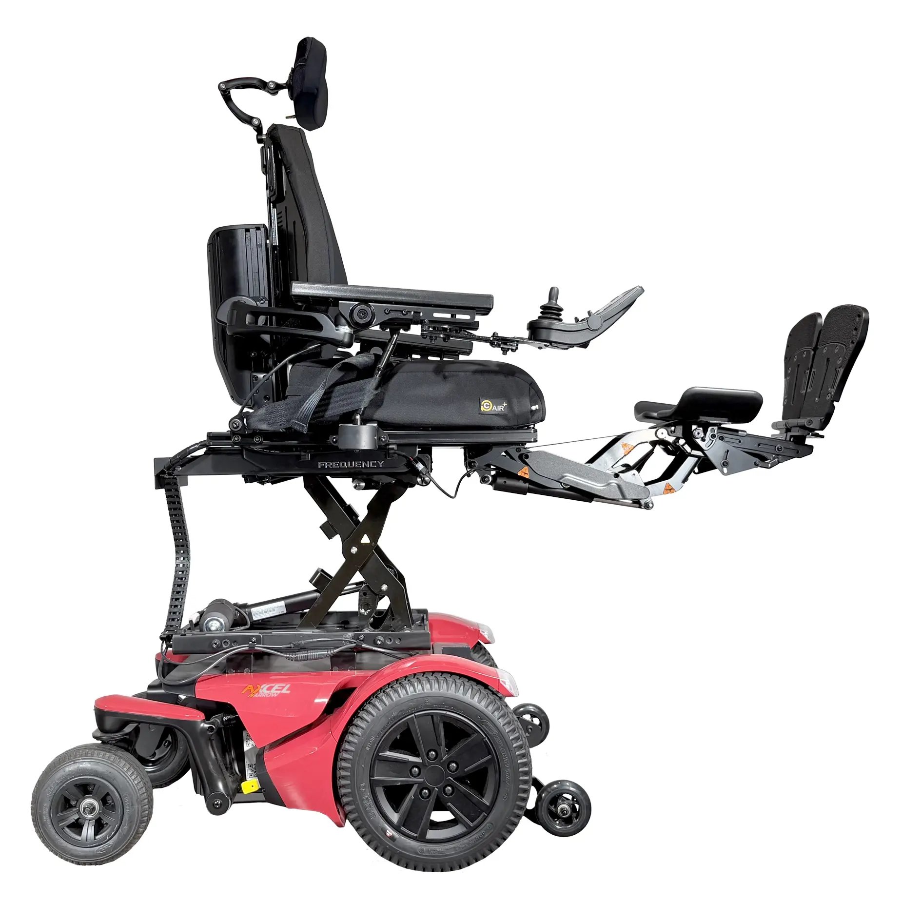 The Merits power wheelchair AXCEL Narrow right profile adjustable foot platform view.