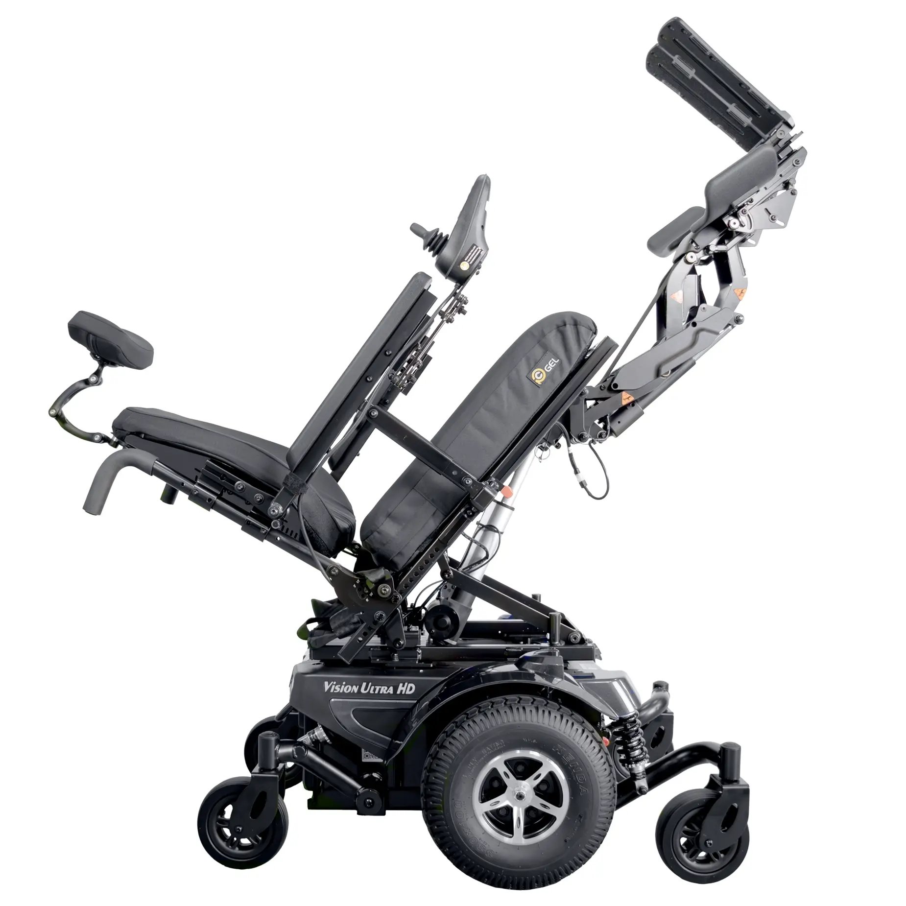 The Merits power wheelchair Ultra HD right profile full tilt view.