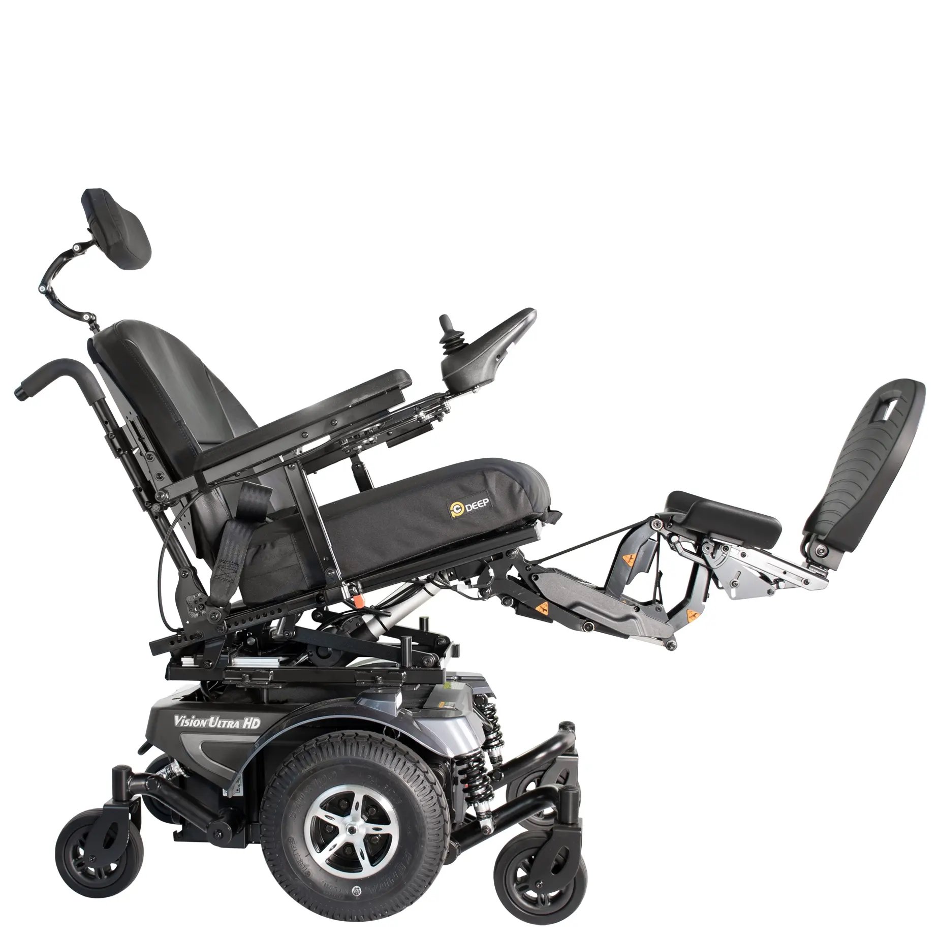 The Merits power wheelchair Ultra HD right profile tilt view.