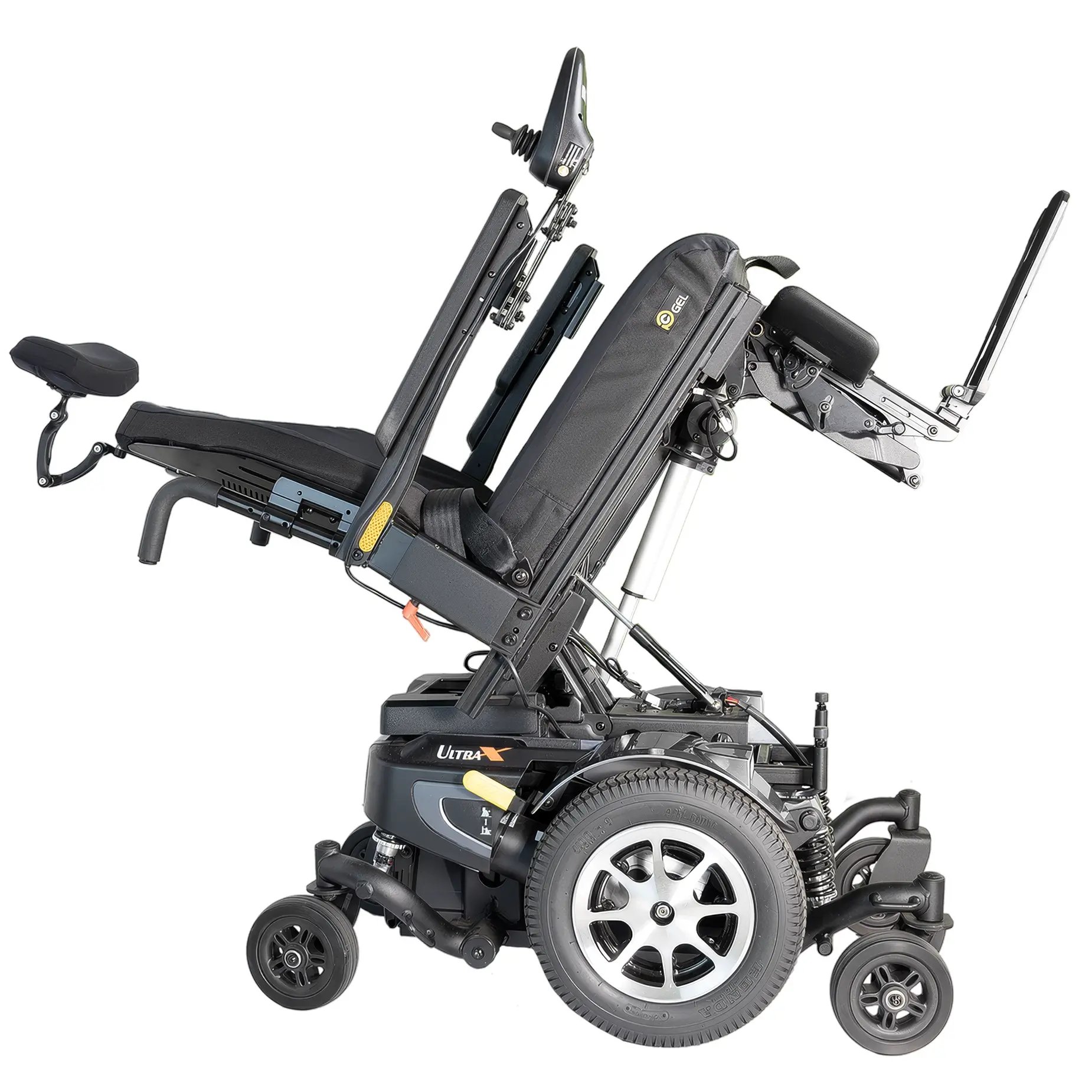 The Merits power wheelchair Ultra X right profile tilt view.