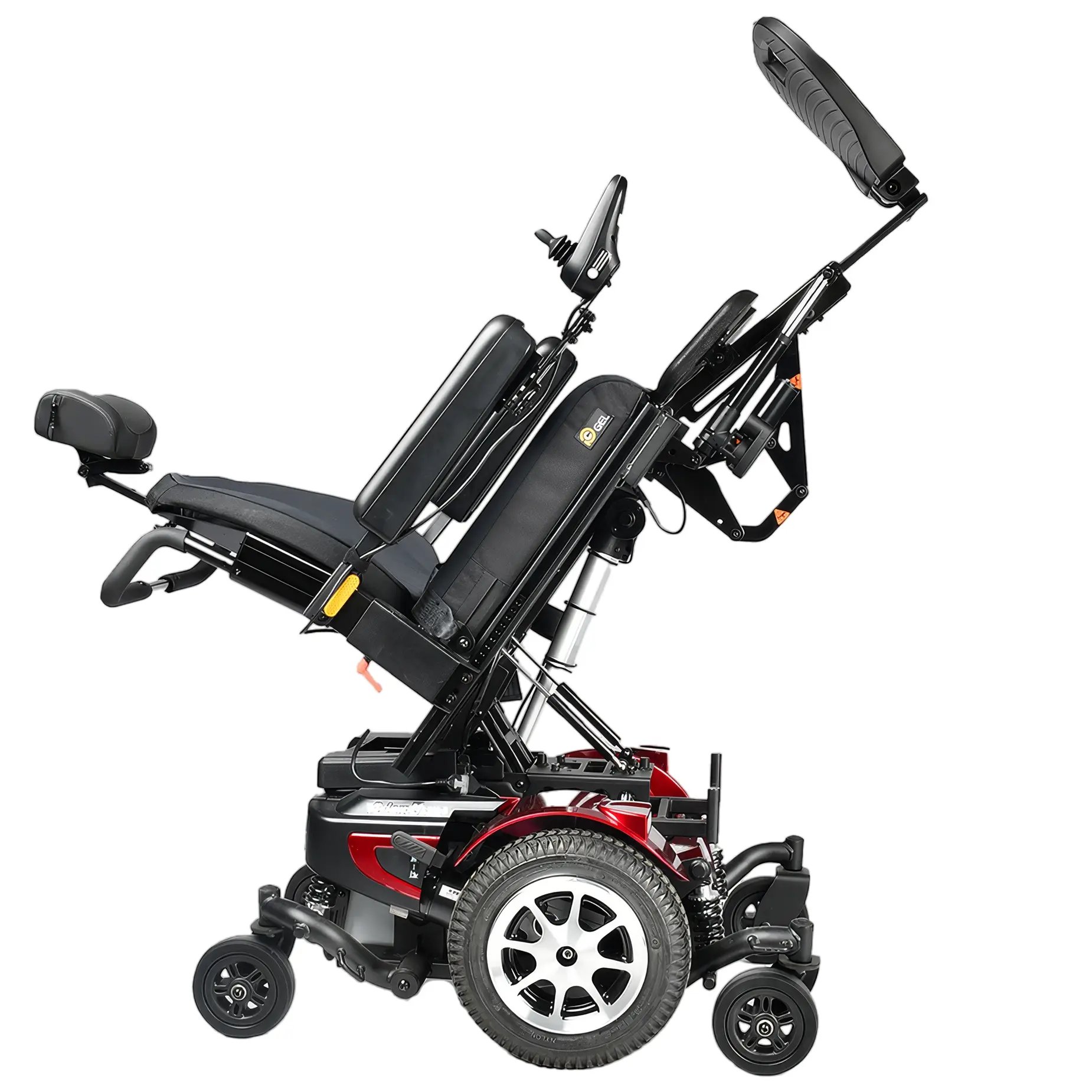 The Merits power wheelchair Ultra right profile tilt articulating platform view.