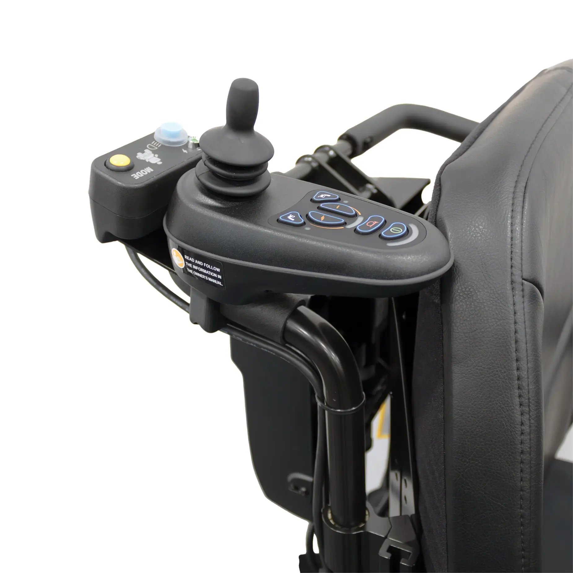The Merits power wheelchair Velocity attendant controller alternate close-up view.