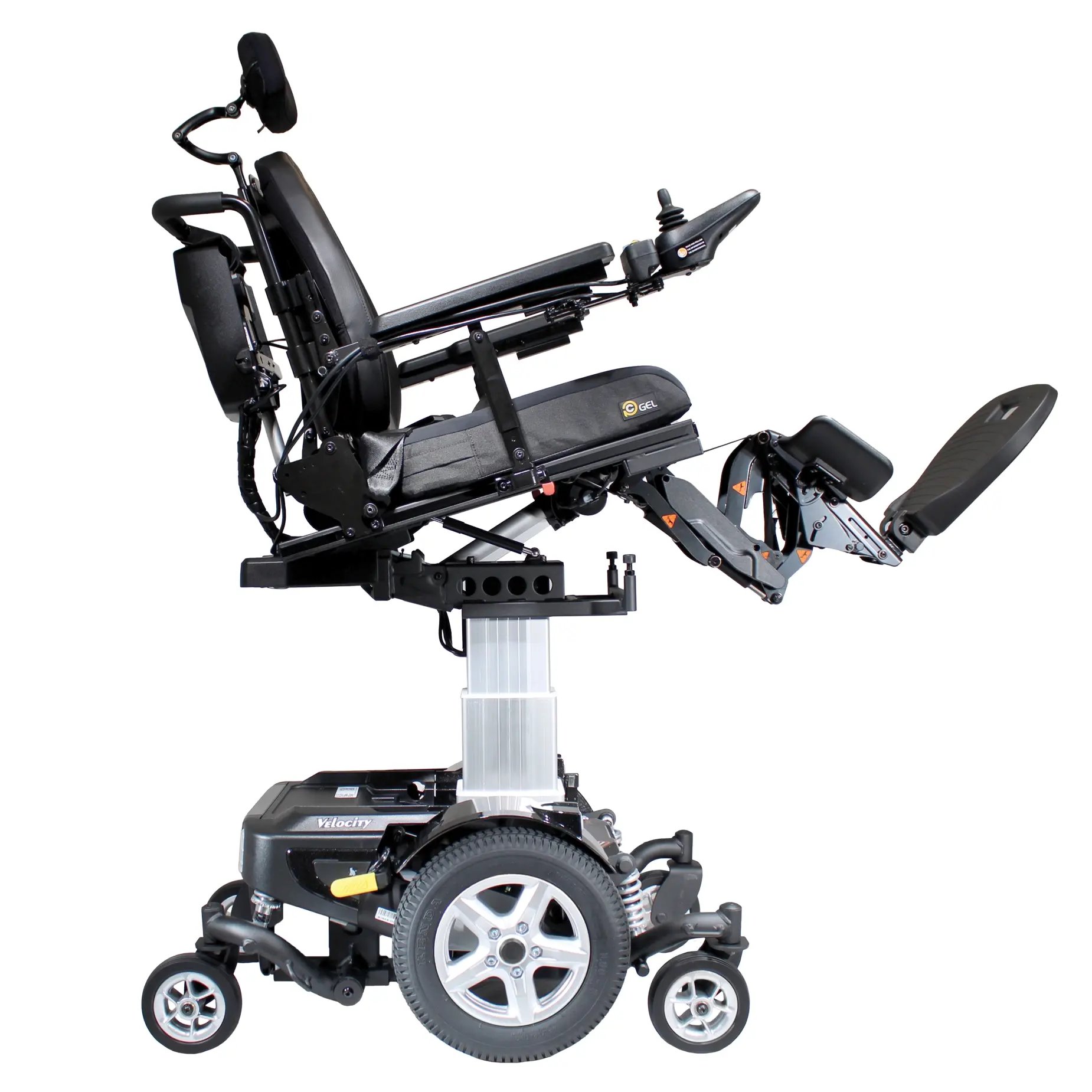 The Merits power wheelchair Velocity right profile with lift and legs extended view.