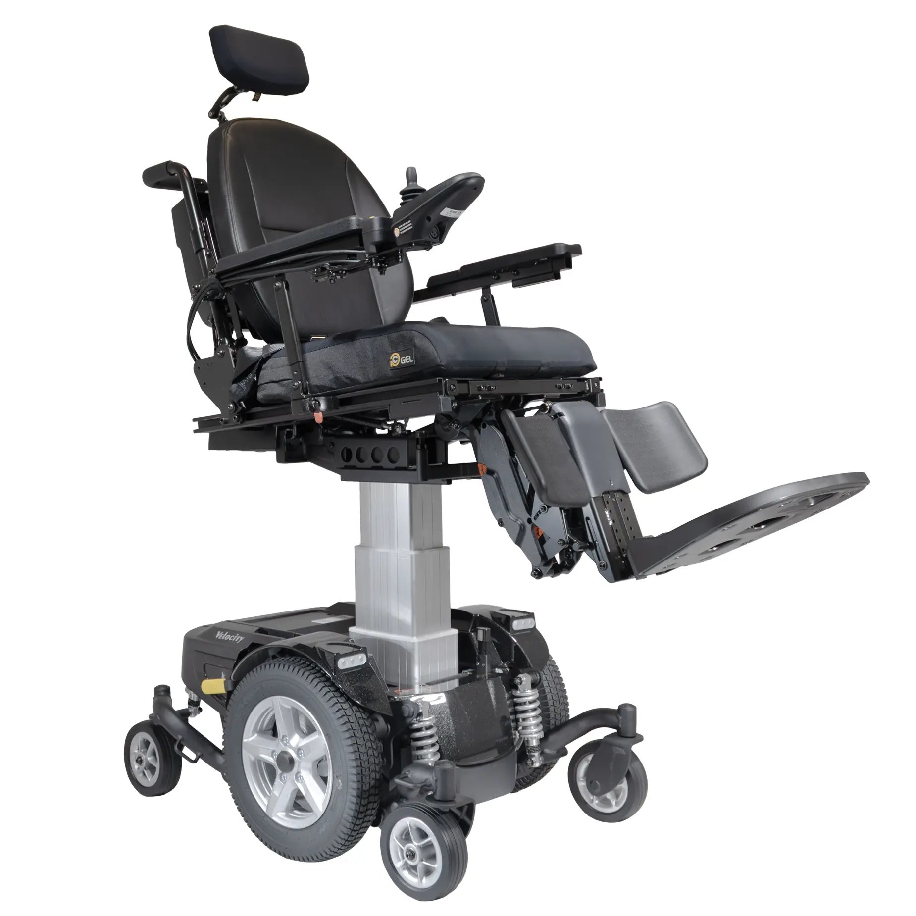 The Merits power wheelchair Velocity three-quarter with lift view.