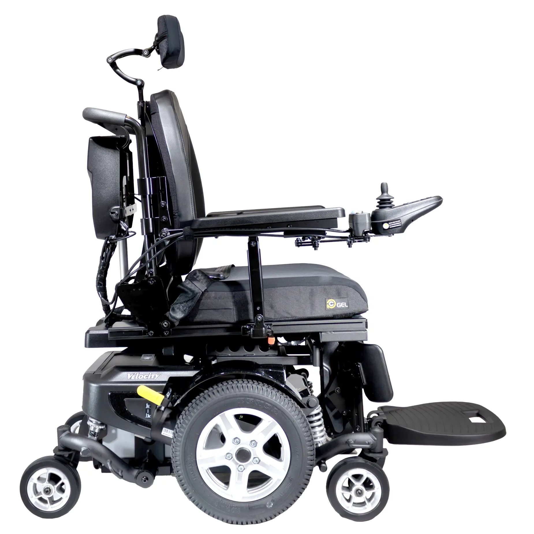 The Merits power wheelchair Velocity right profile view.