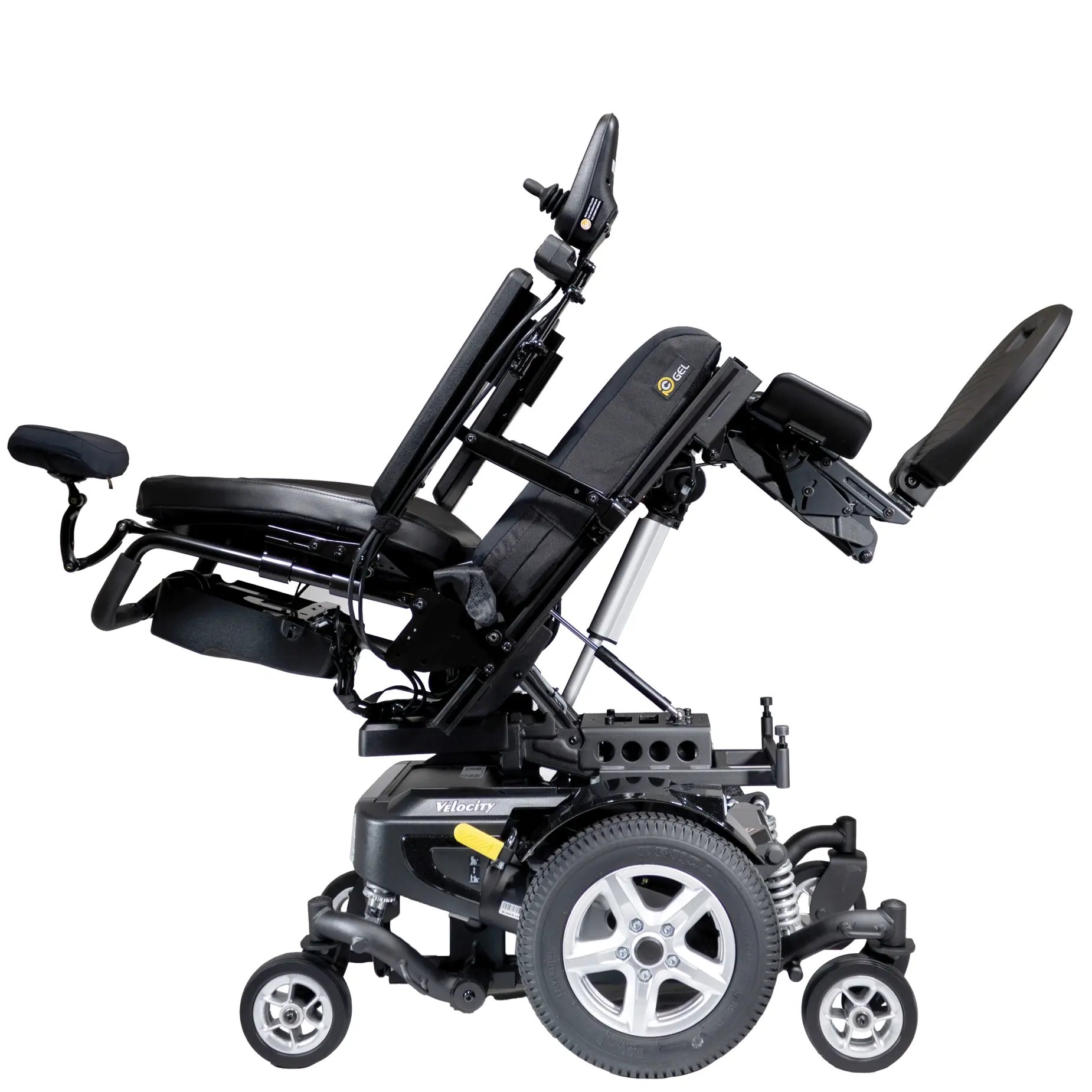 The Merits power wheelchair Velocity right profile tilted back view.