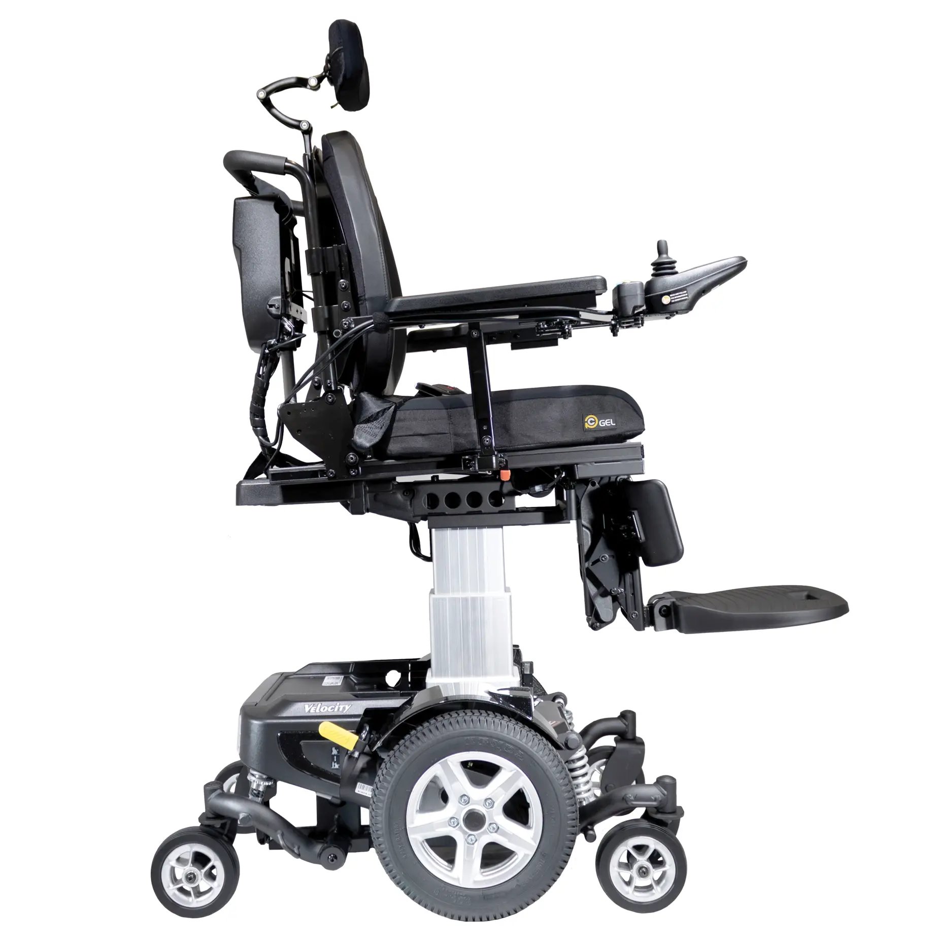 The Merits power wheelchair Velocity right profile with lift view.