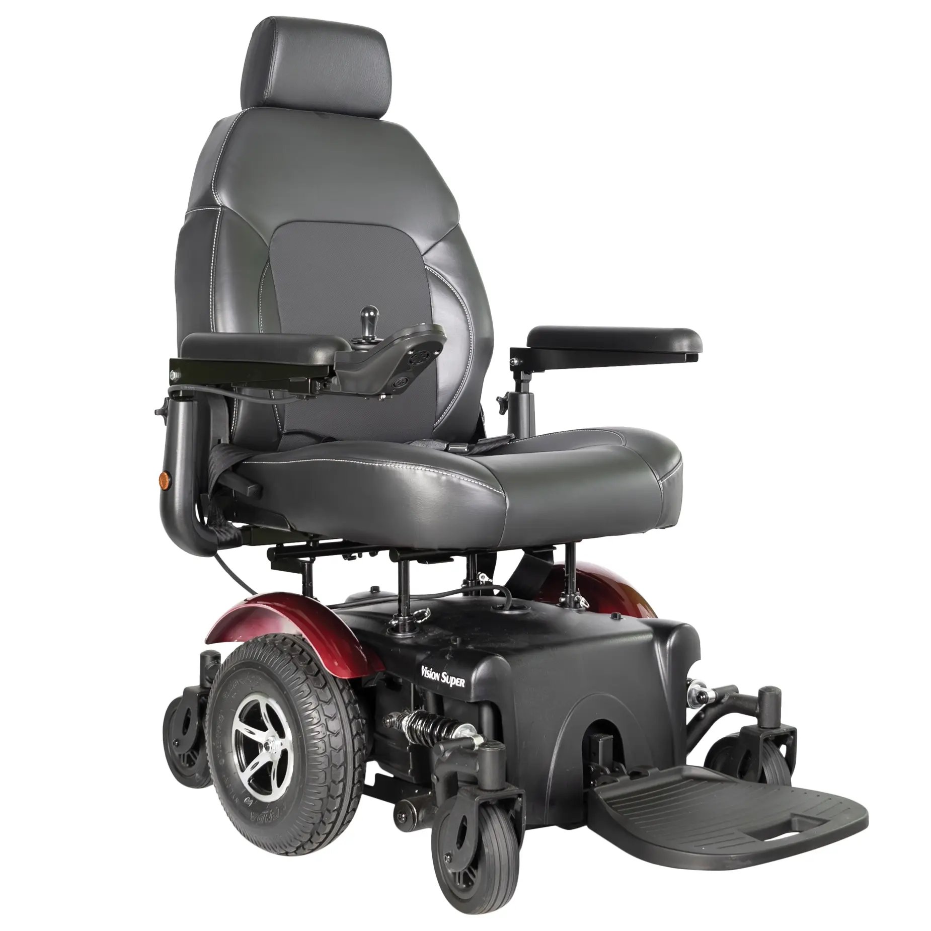 The Merits Group 2: Power Mobility chair Vision Super delivers the agility of a mid-wheel drive with the strength of a heavy-duty chair.