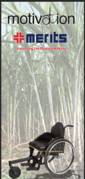 Wheelchair with faded grass background and Motivation Merits text