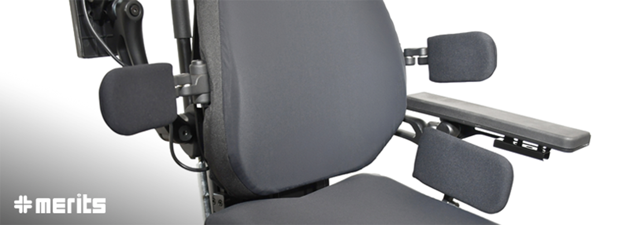 Close up of Precision Comfort seating and positioning cushions on power wheelchair